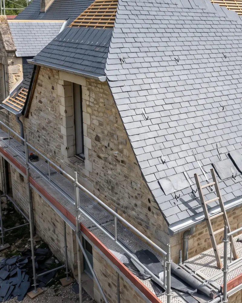 Chantier de rénovation de toiture en ardoise naturelle avec échafaudage