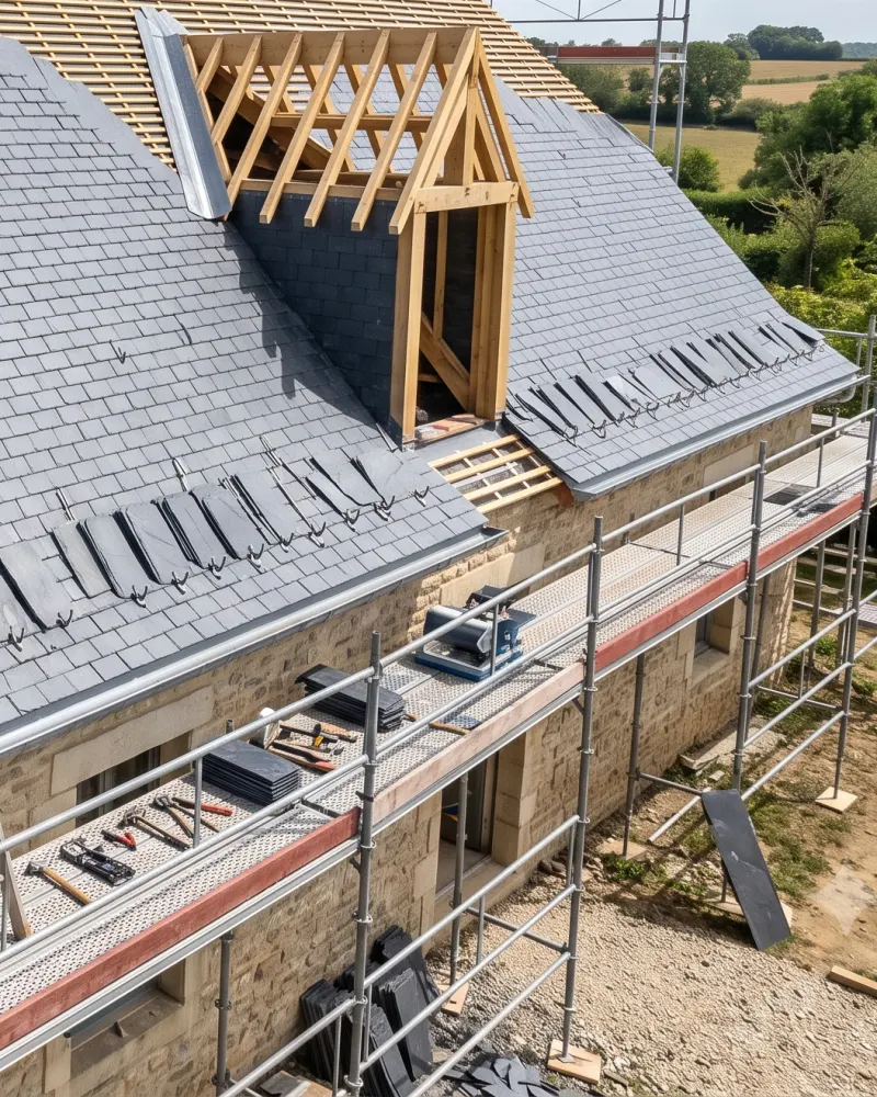 Rénovation de toiture en cours : charpente ouverte et rangs d'ardoise neufs