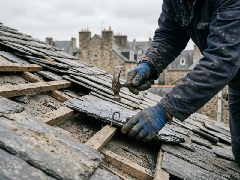 Artisan couvreur fixant une ardoise naturelle sur une toiture à Rennes