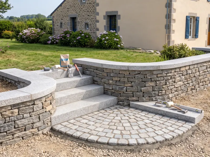 Muret en pierre sèche et escalier en granit fraîchement maçonnés