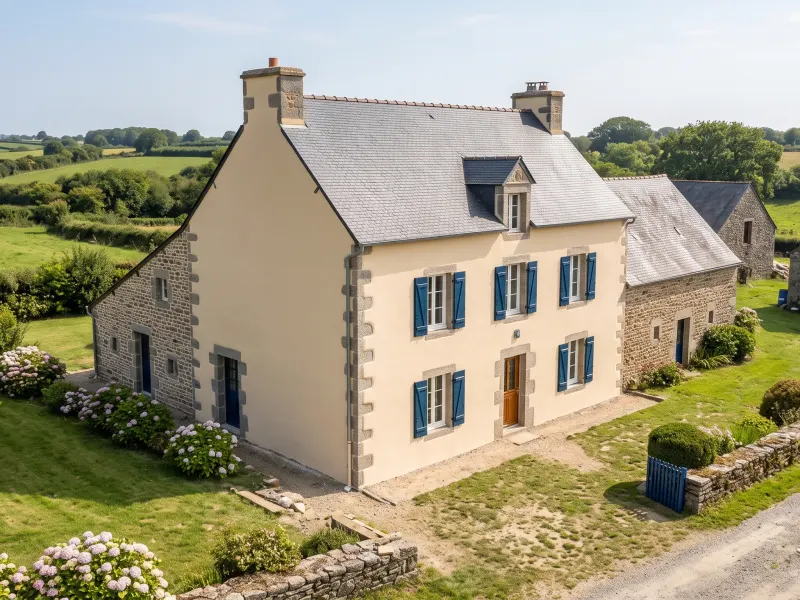 Maison au ravalement neuf, enduit clair et volets bleus