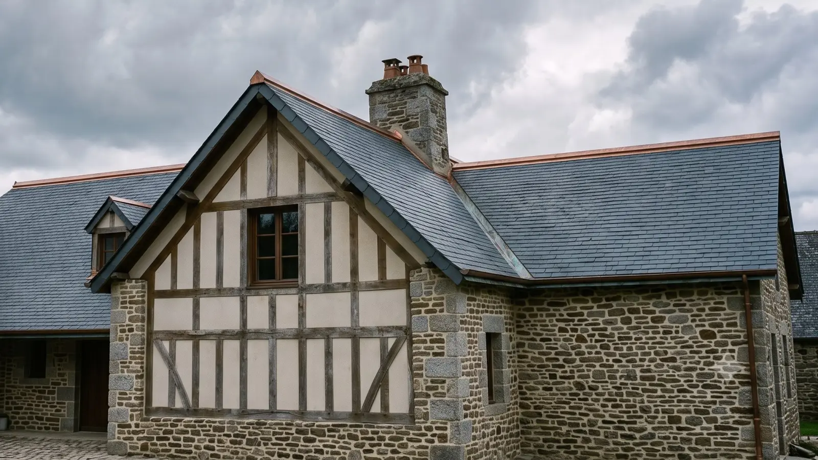 Toiture en ardoise naturelle avec faîtage cuivre rénovée par IP RENOV près de Rennes
