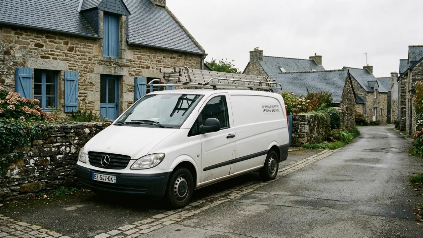 Fourgon d’artisan avec échelle de couvreur dans une rue bretonne