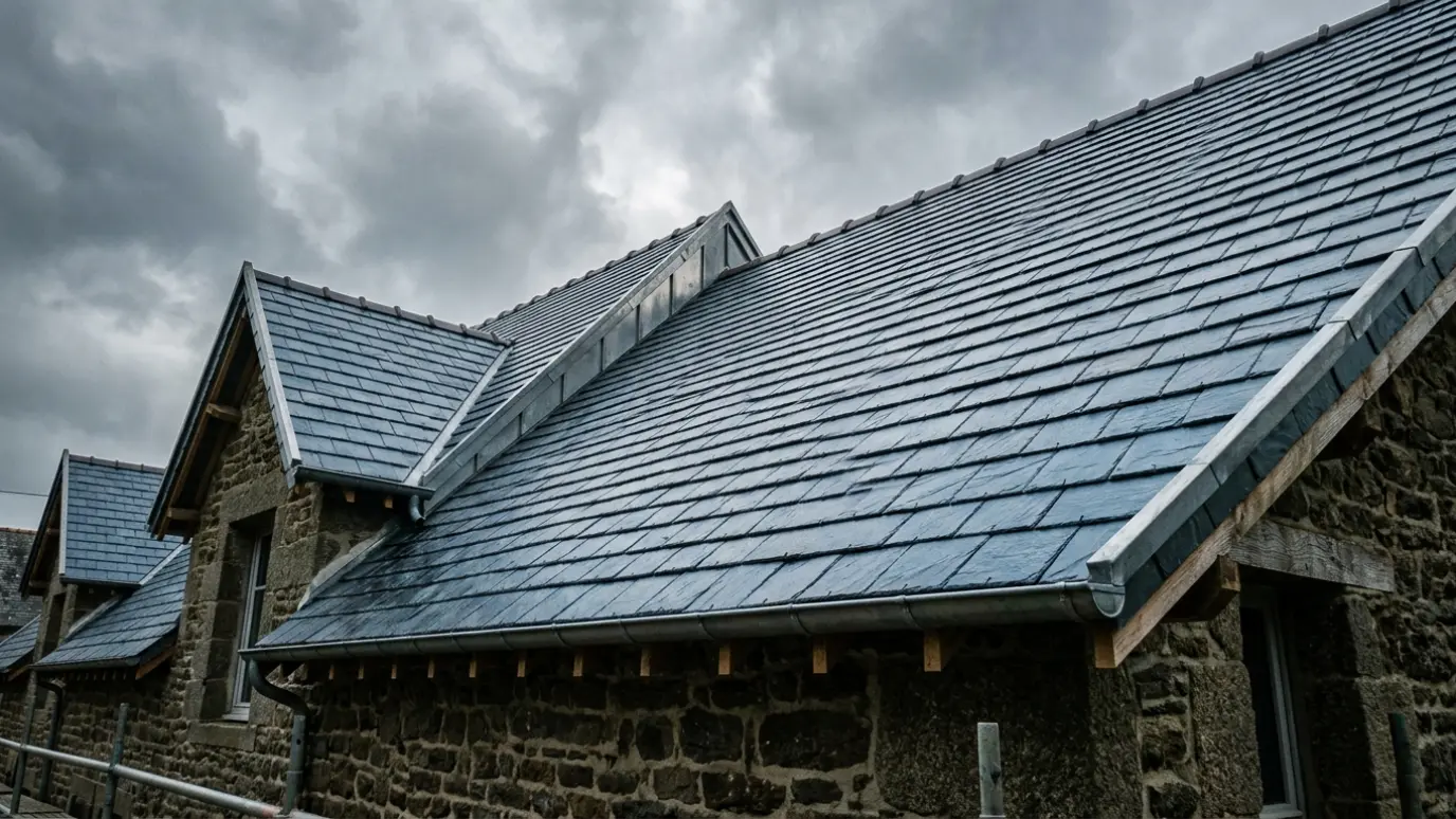 Toitures en ardoise naturelle rénovées sur des maisons en pierre bretonnes