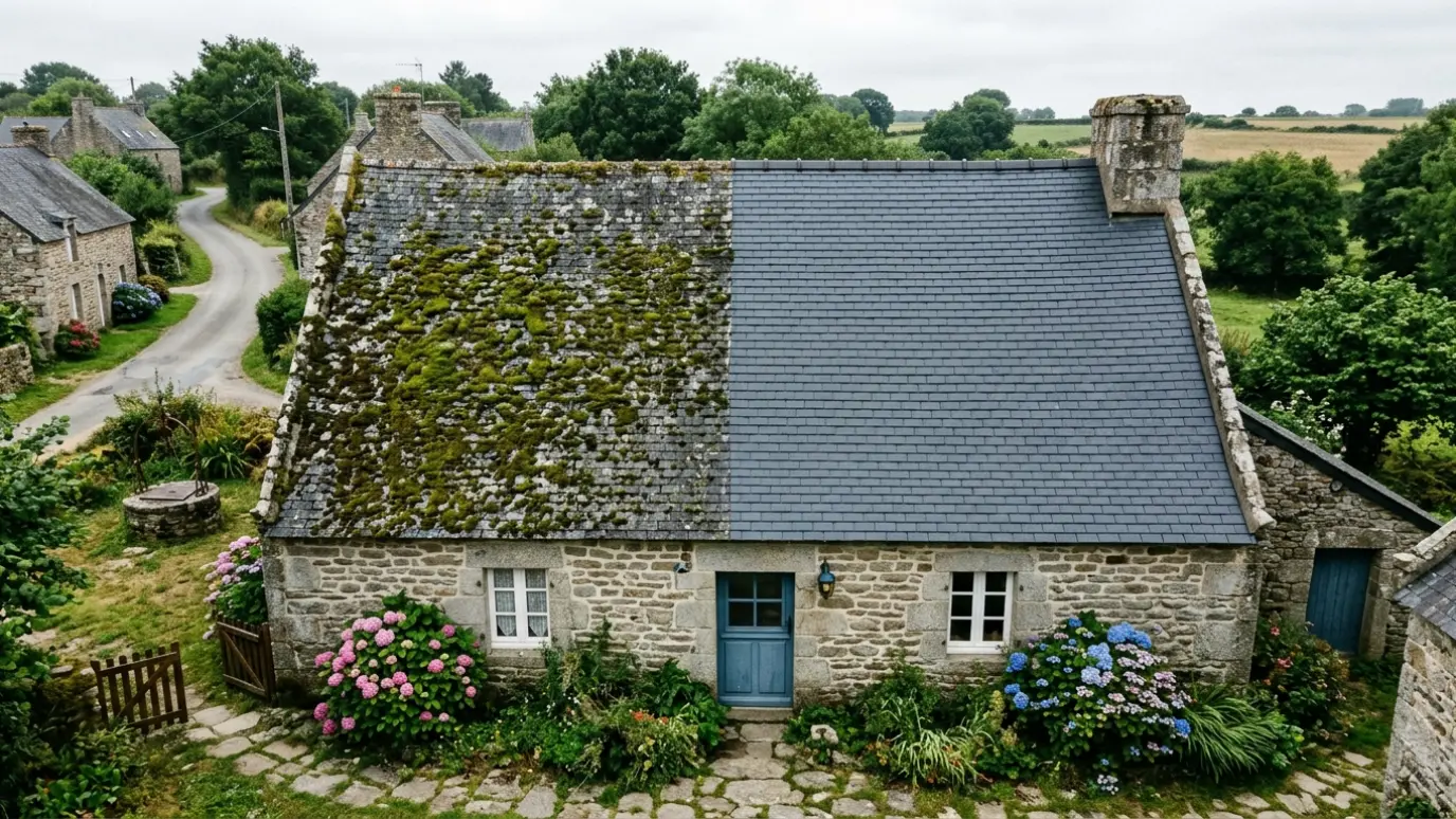 Toiture bretonne à moitié couverte de mousse : côté traité et côté à démousser