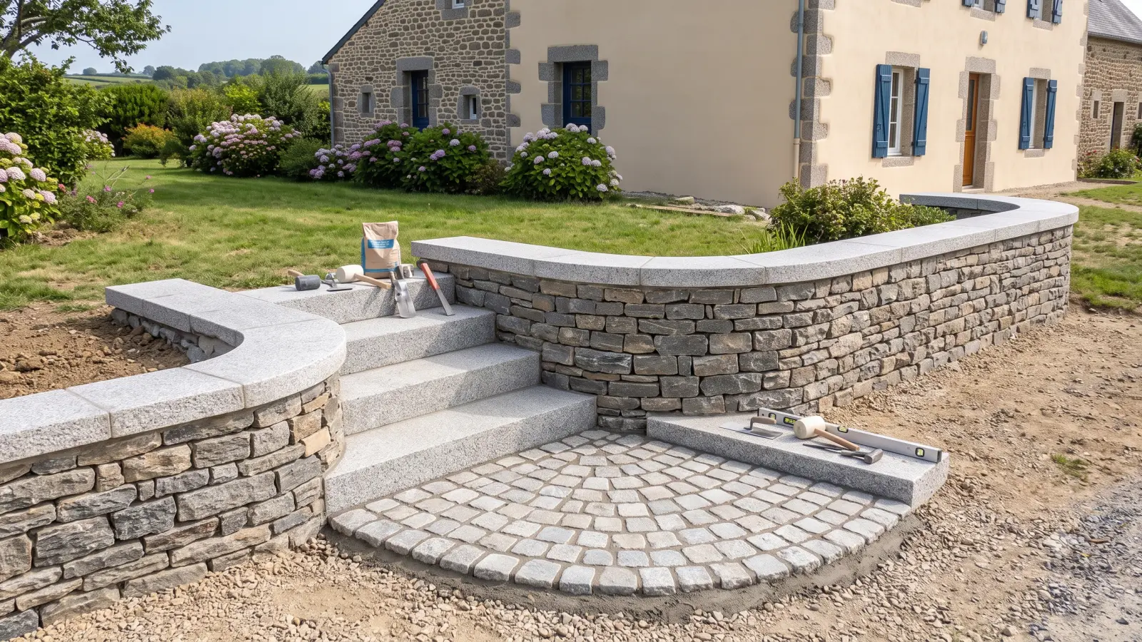 Muret en pierre et escalier en granit en cours de maçonnerie devant une maison bretonne