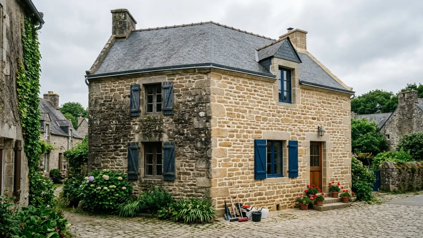 Maison bretonne en pierre en cours de ravalement de façade