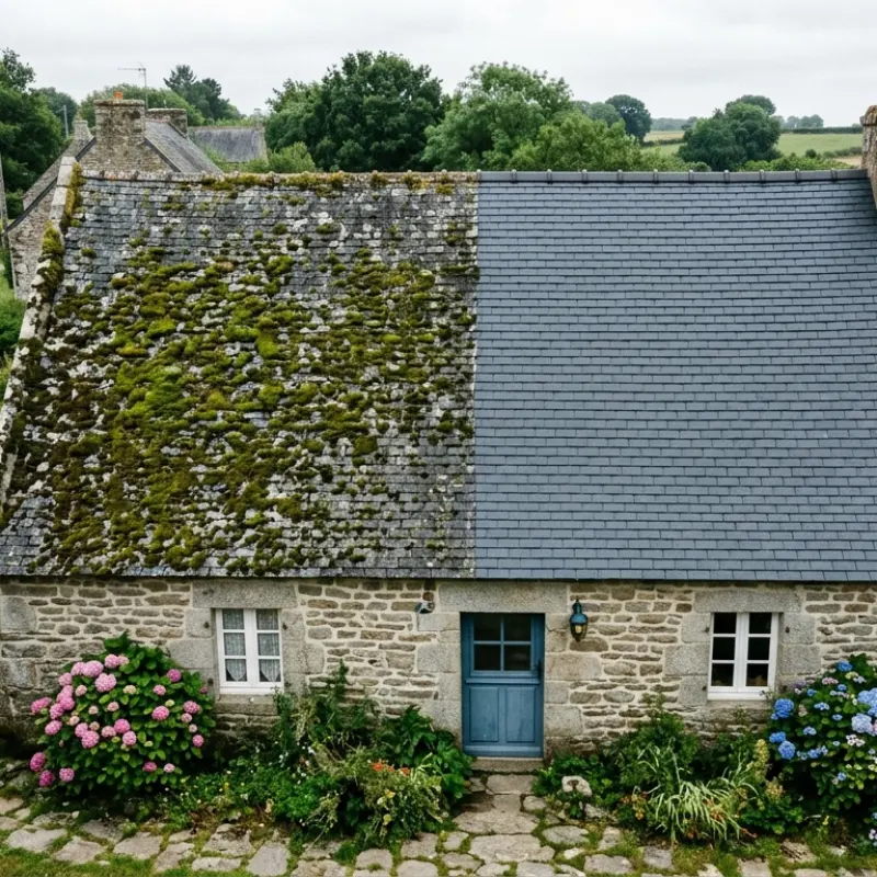 Toiture à moitié démoussée montrant le contraste avant après, secteur Betton