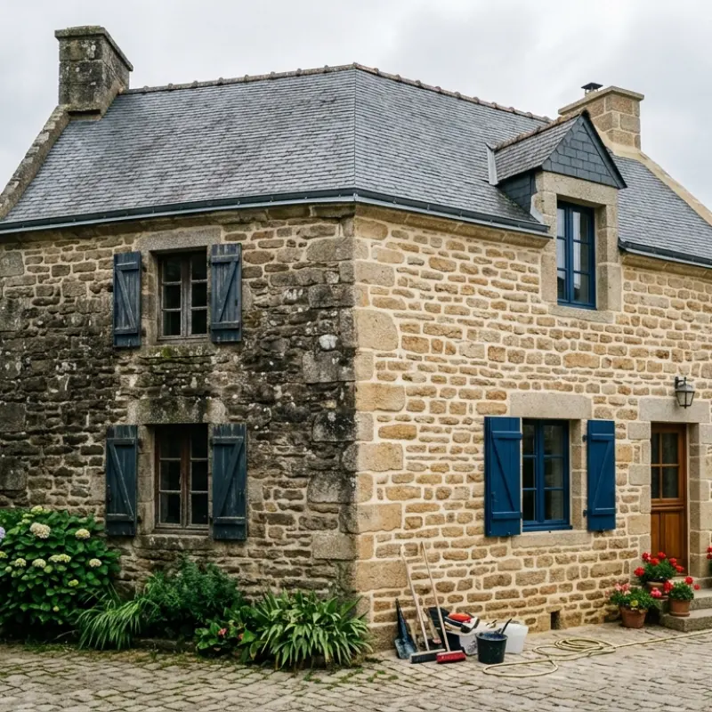 Façade en pierre nettoyée et rejointoyée sur une maison, secteur Vertou