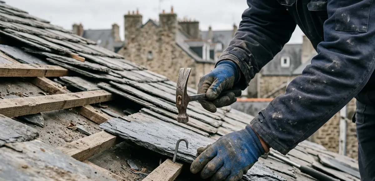 Pose d'ardoises naturelles neuves sur une toiture, secteur Cesson-Sévigné
