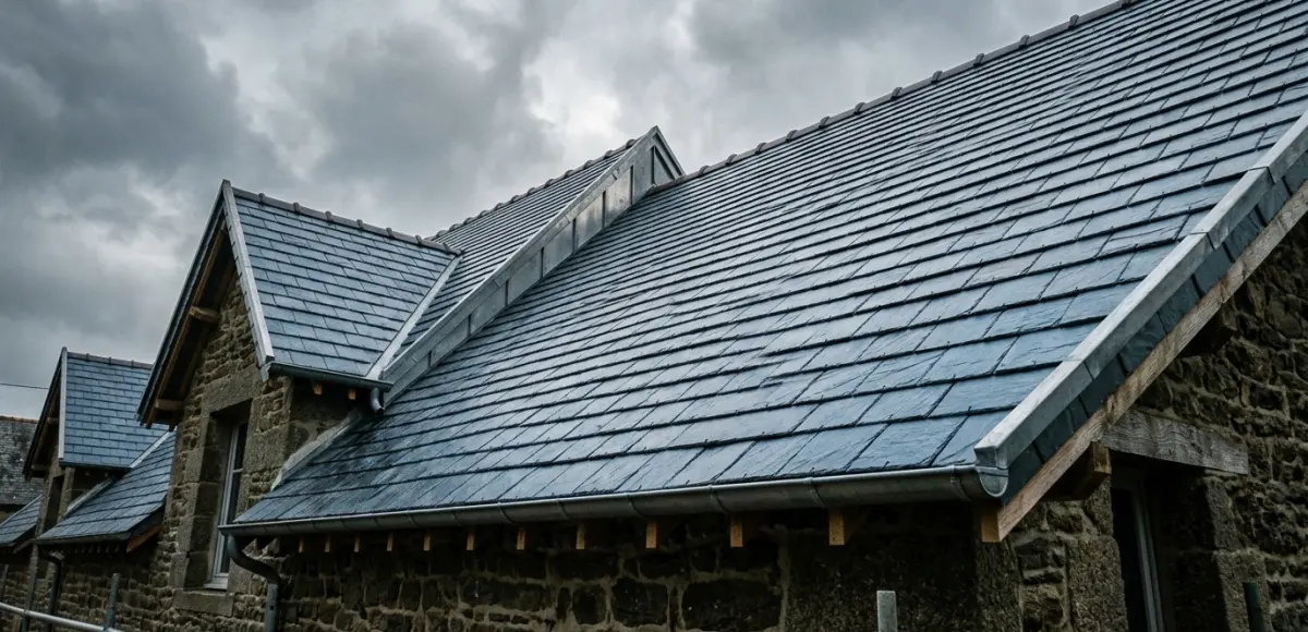 Gouttières en zinc neuves posées sur une toiture en ardoise, secteur Orvault